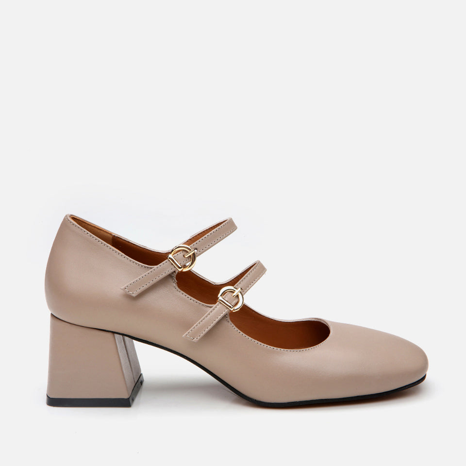 Women’s Leather Mary Jane Block Heel - Taupe
