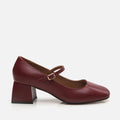 Women's Leather Mary Jane Block-Heel Shoes - Burgundy