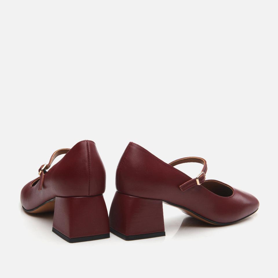 Women’s Leather Mary Jane Block-Heel Shoes - Burgundy