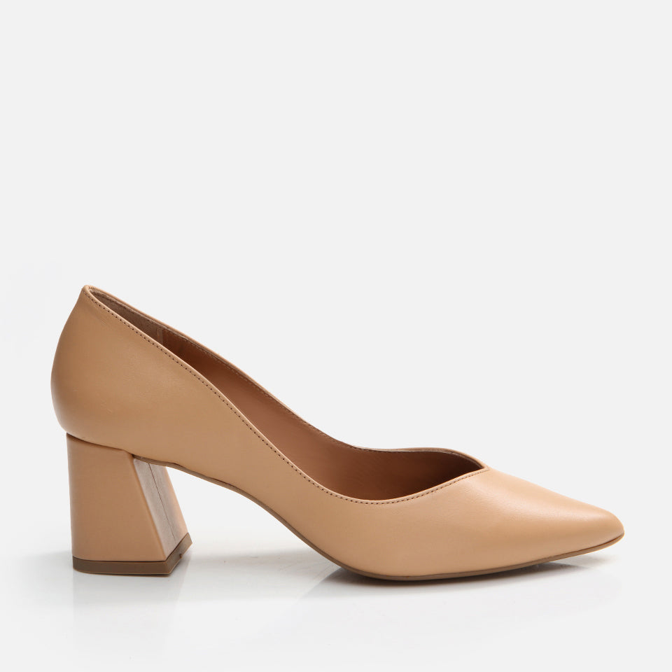 Women’s Leather Block-Heel Shoes - Beige