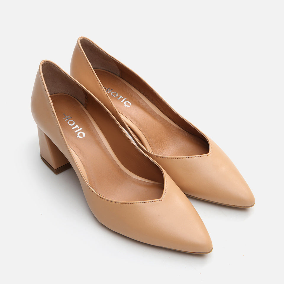 Women’s Leather Block-Heel Shoes - Beige