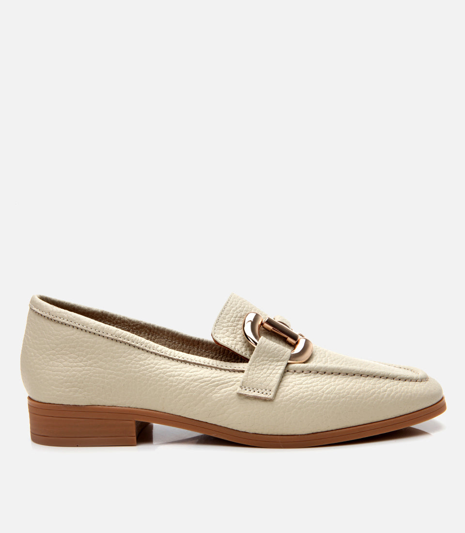 Women’s Leather Casual Buckle Loafers – Ecru
