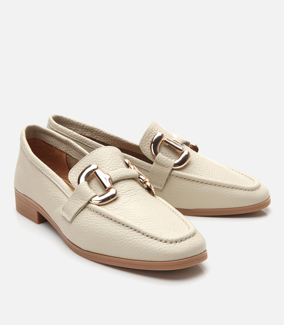 Women’s Leather Casual Buckle Loafers – Ecru