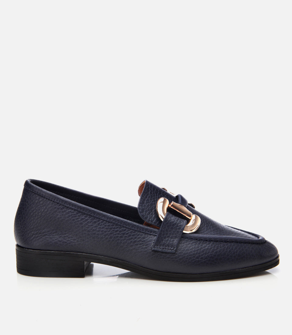 Women’s Leather Casual Buckle Loafers – Navy