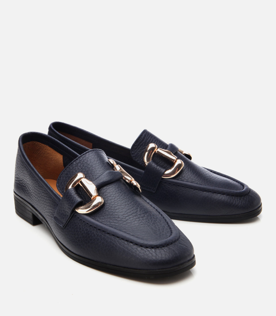 Women’s Leather Casual Buckle Loafers – Navy