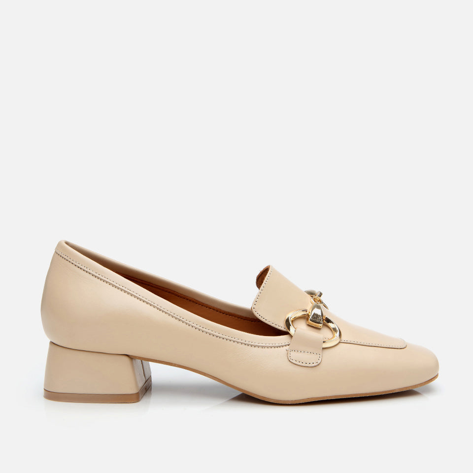 Women’s Leather Bej Buckle Block-Heel Klasik Loafer - Beige