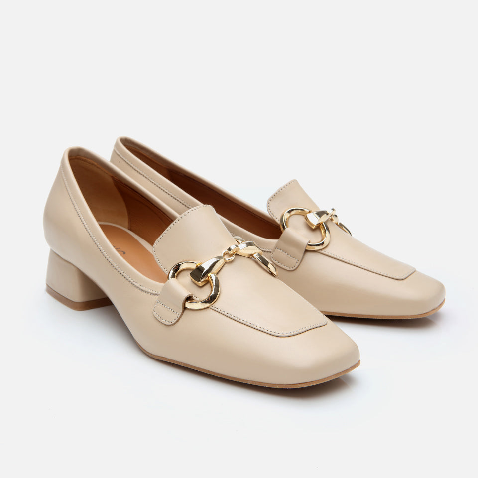 Women’s Leather Bej Buckle Block-Heel Klasik Loafer - Beige