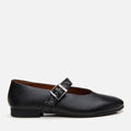 Women's Leather Mary Jane Buckle Strap Flats - Black