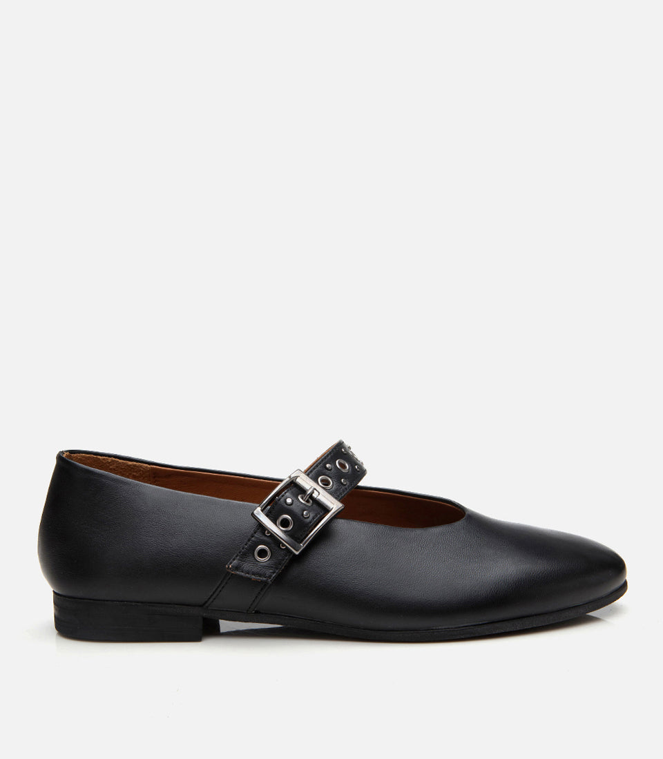 Women’s Leather Mary Jane Buckle Strap Flats - Black