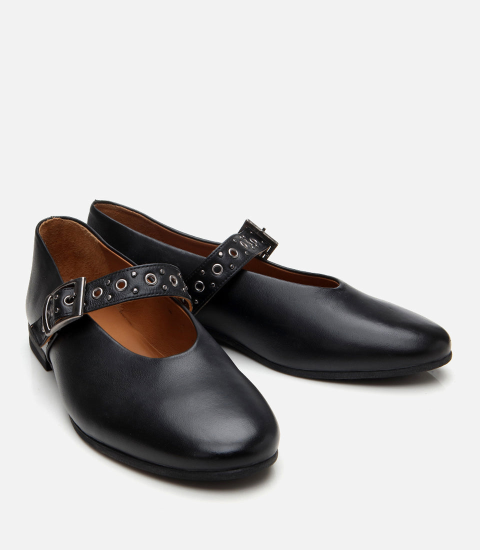 Women’s Leather Mary Jane Buckle Strap Flats - Black