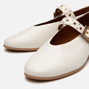 Women’s Leather Mary Jane Buckle Strap Flats - Ecru