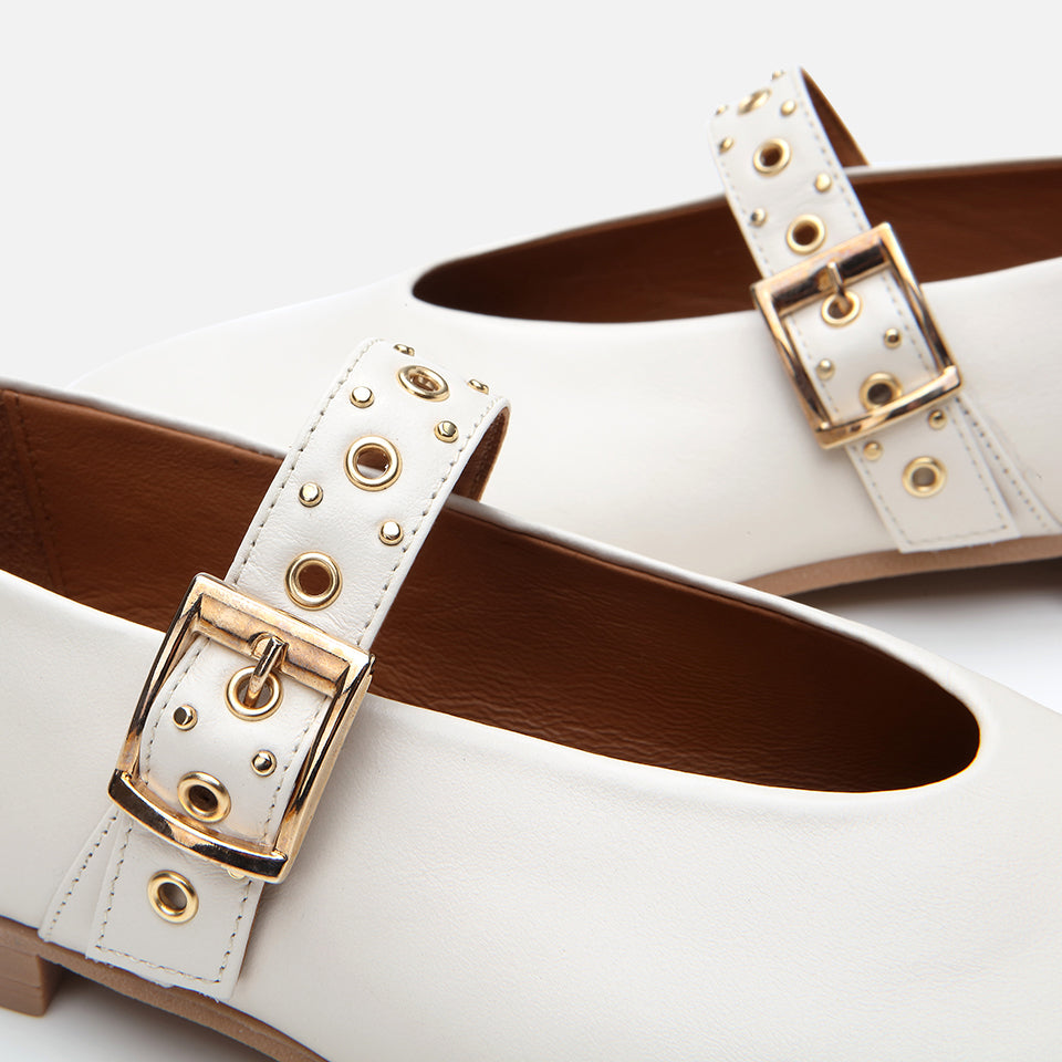 Women’s Leather Mary Jane Buckle Strap Flats - Ecru
