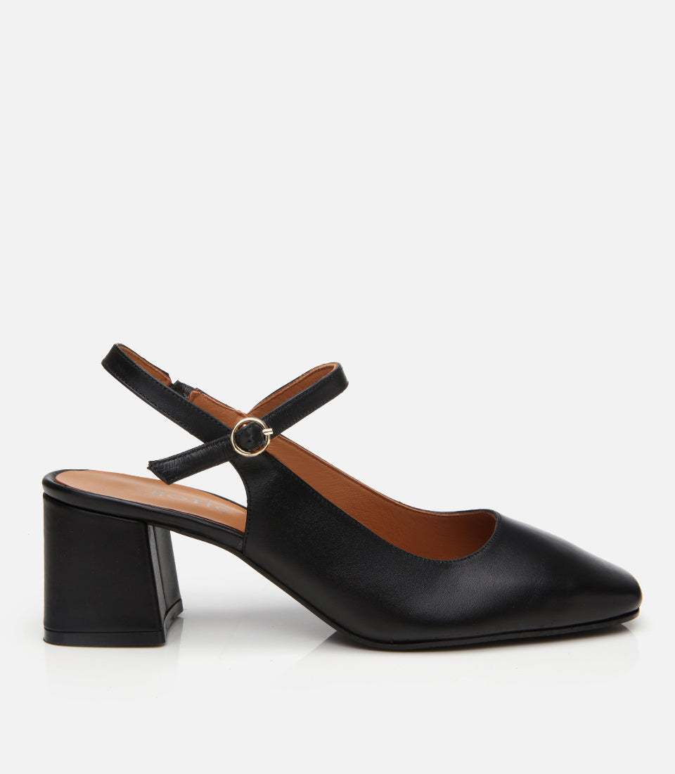 Women's Leather Block Heel Shoes - Black