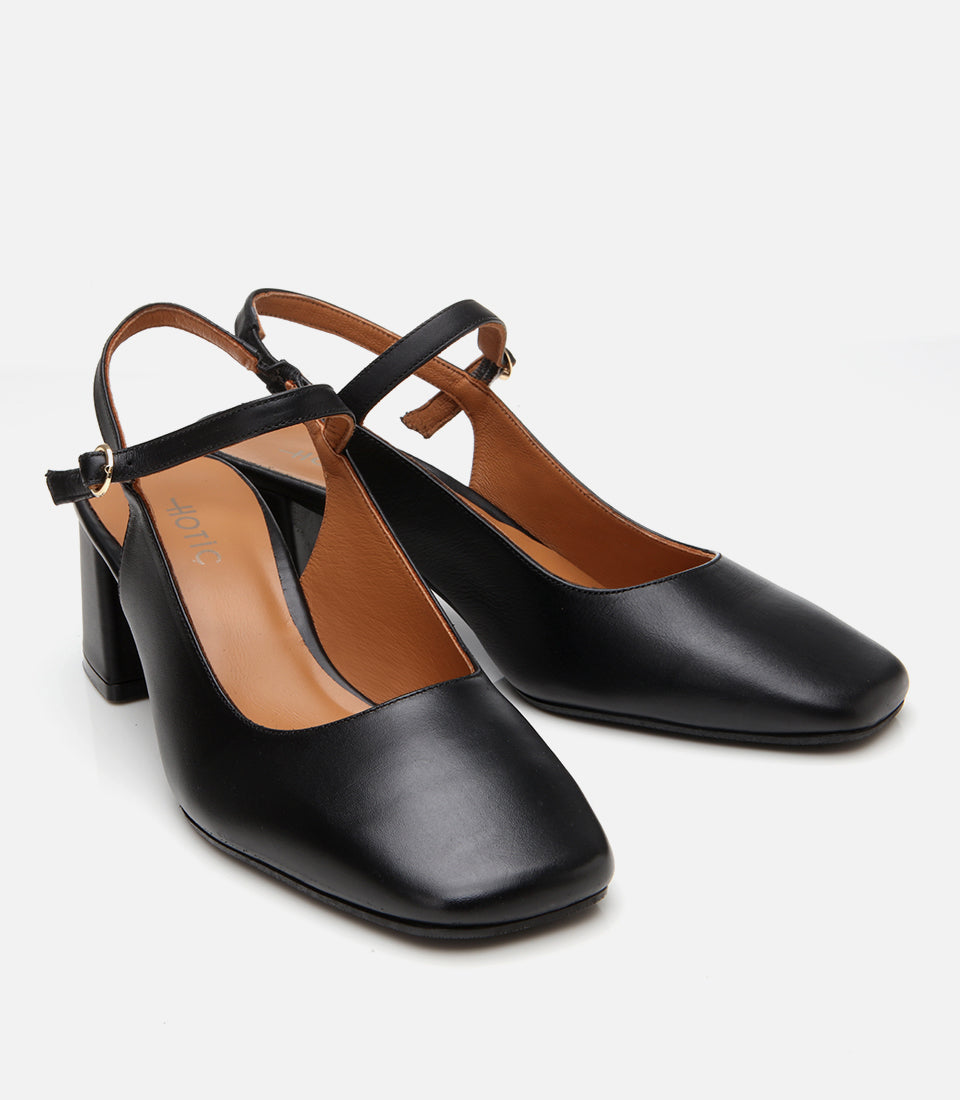 Women's Leather Block Heel Shoes - Black