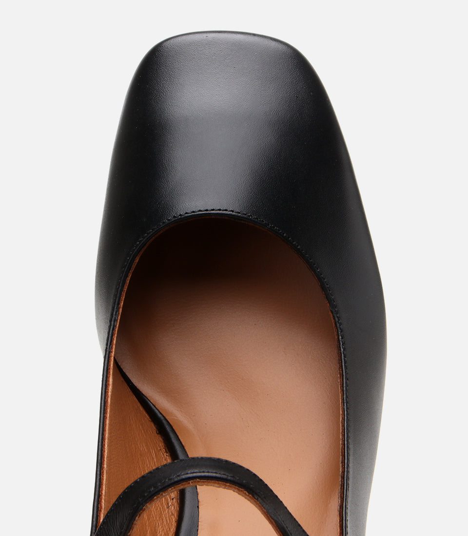 Women's Leather Block Heel Shoes - Black