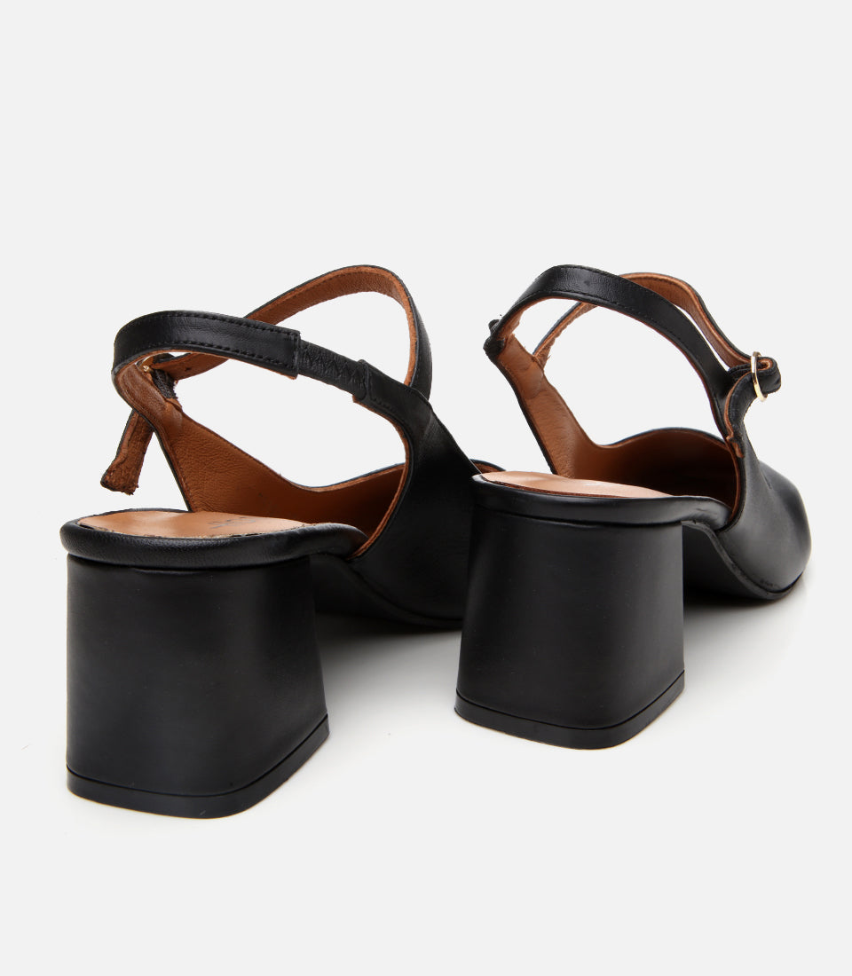 Women's Leather Block Heel Shoes - Black