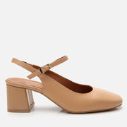 Women's Leather Block Heel Shoes - Beige
