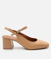 Women's Leather Block Heel Shoes - Beige