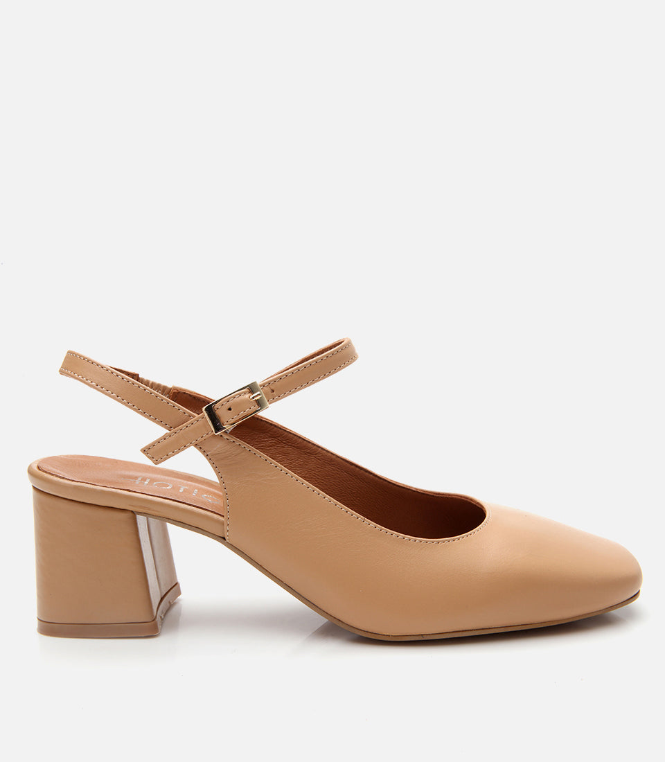 Women's Leather Block Heel Shoes - Beige
