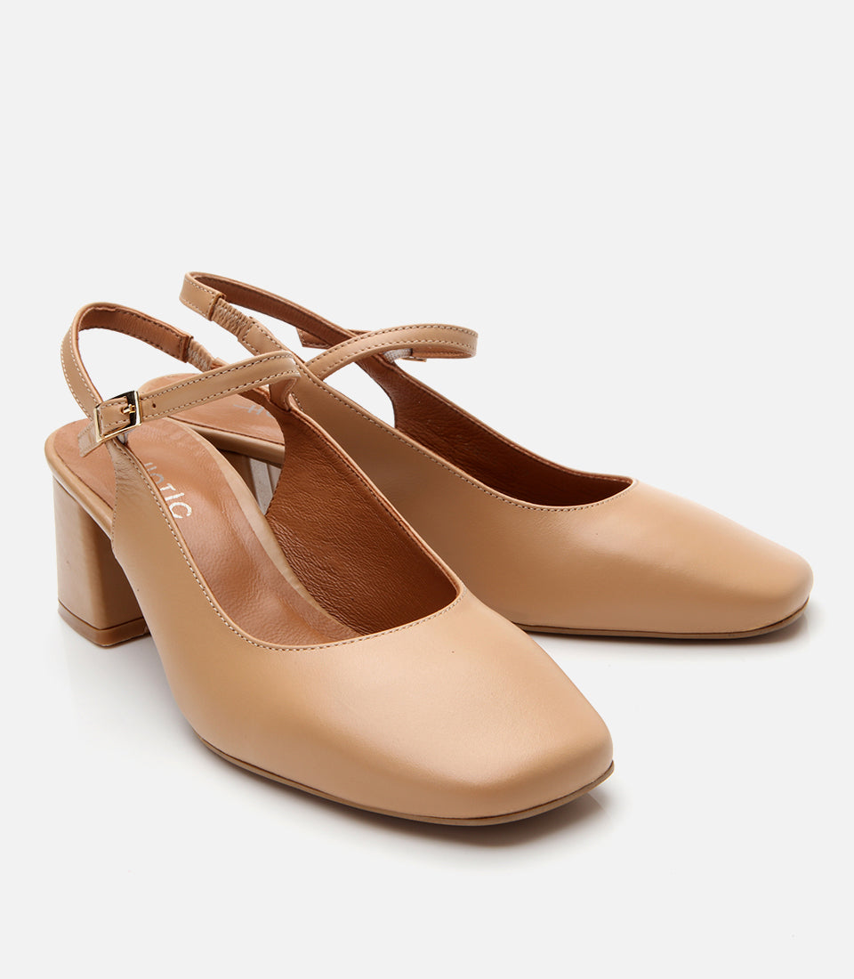 Women's Leather Block Heel Shoes - Beige