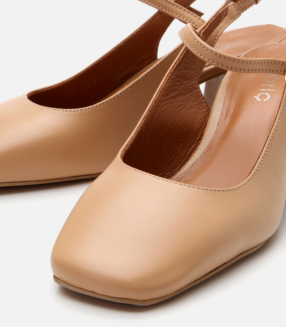 Women's Leather Block Heel Shoes - Beige