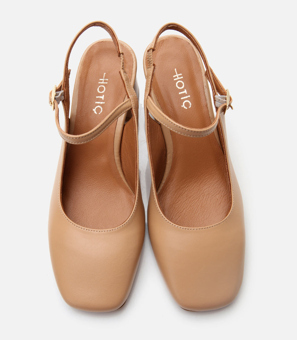 Women's Leather Block Heel Shoes - Beige