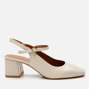 Women's Leather Block Heel Shoes - Ecru