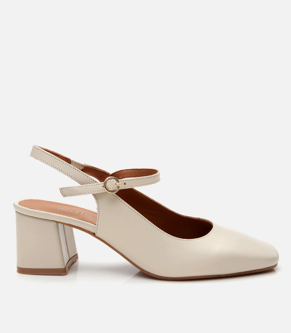 Women's Leather Block Heel Shoes - Ecru