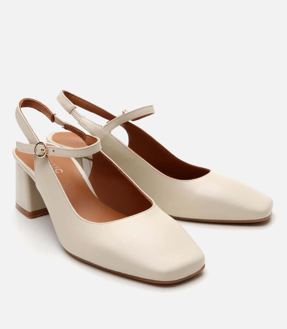 Women's Leather Block Heel Shoes - Ecru
