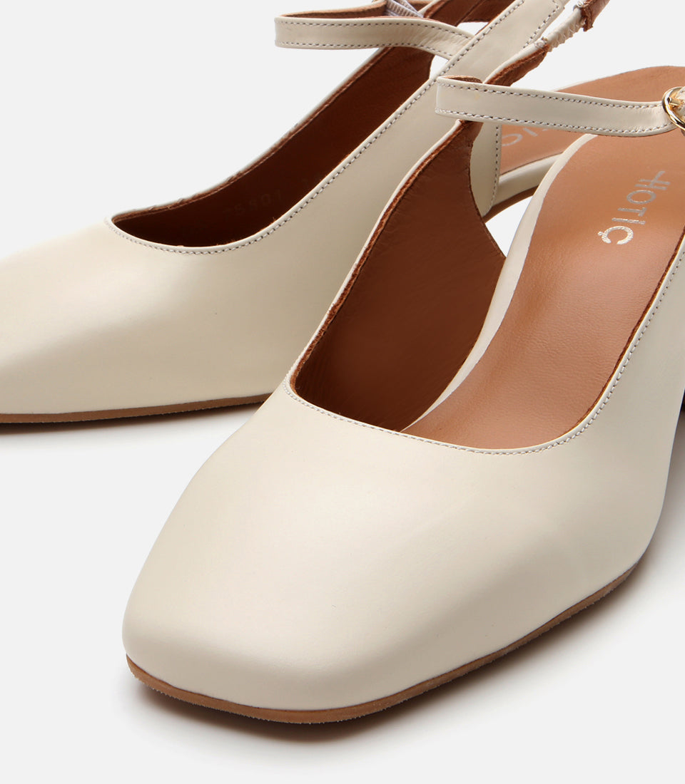 Women's Leather Block Heel Shoes - Ecru