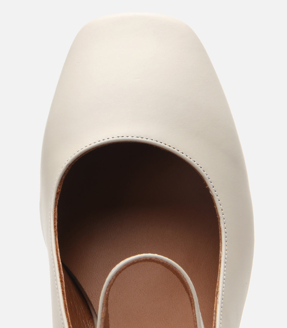 Women's Leather Block Heel Shoes - Ecru