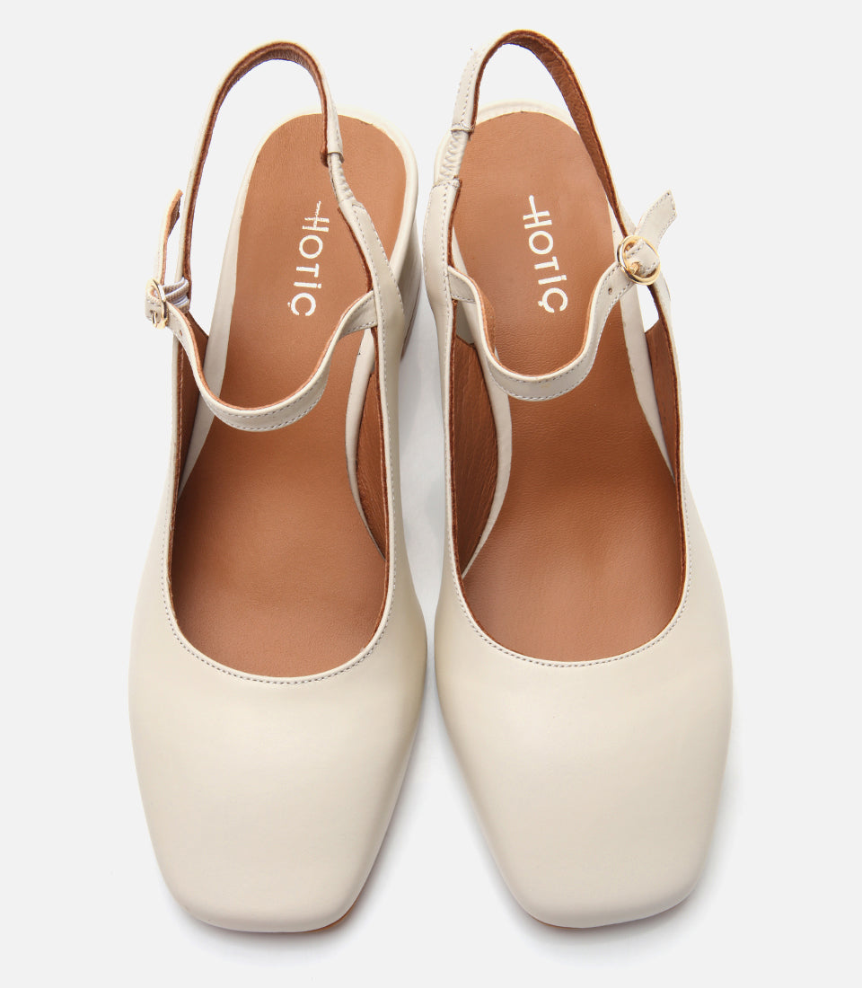 Women's Leather Block Heel Shoes - Ecru