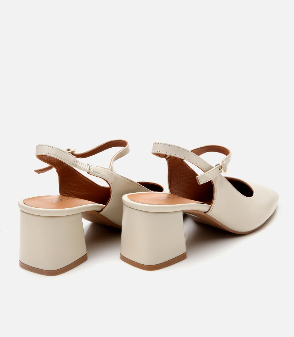 Women's Leather Block Heel Shoes - Ecru