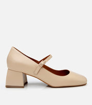 Women’s Leather Bej Mary Jane Block-Heel Shoes - Beige