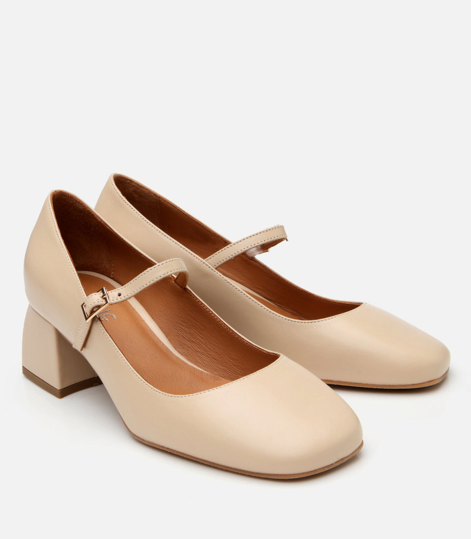 Women’s Leather Bej Mary Jane Block-Heel Shoes - Beige