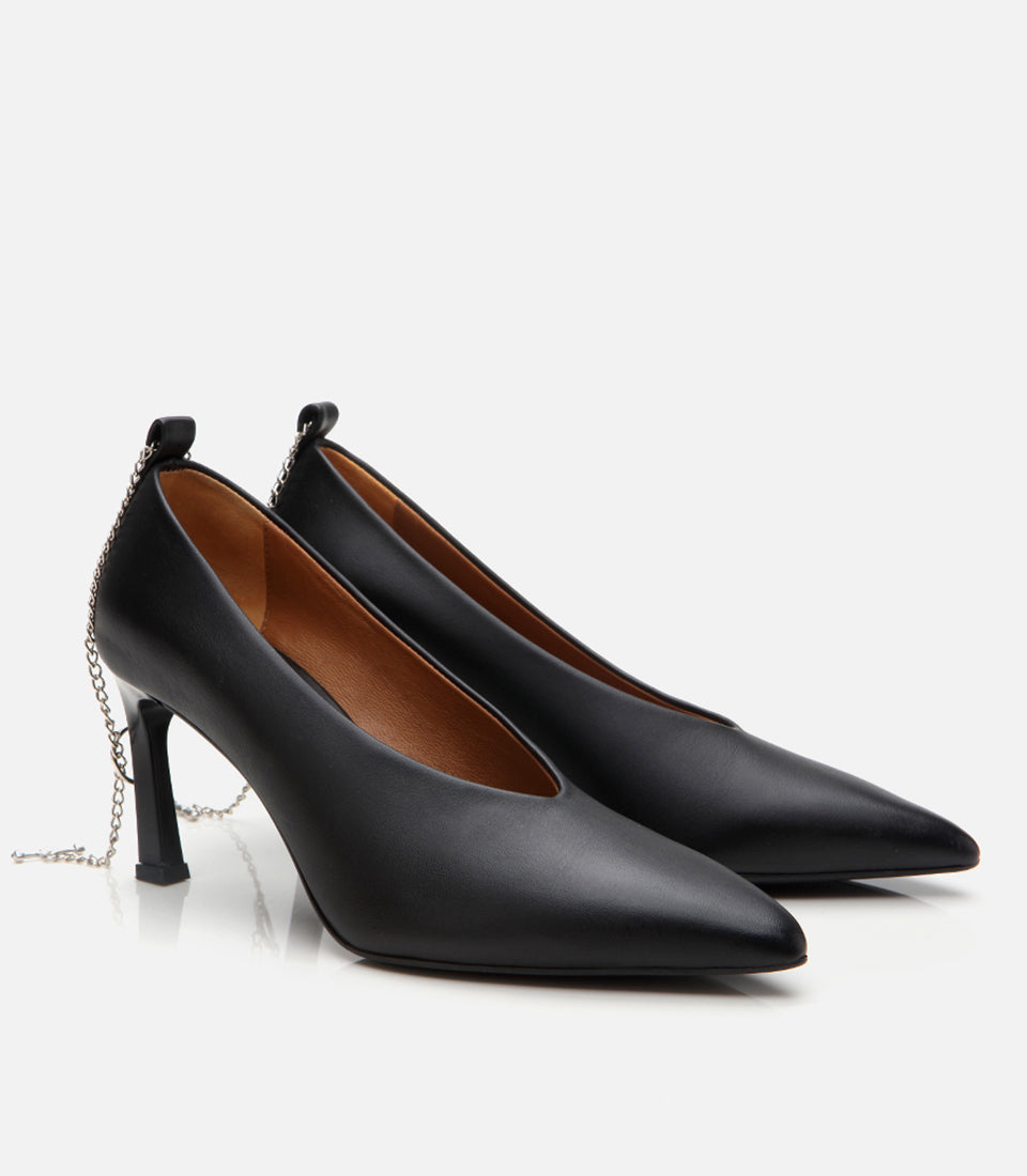 Women’s Leather Chain-Embellished Stiletto Heels - Black