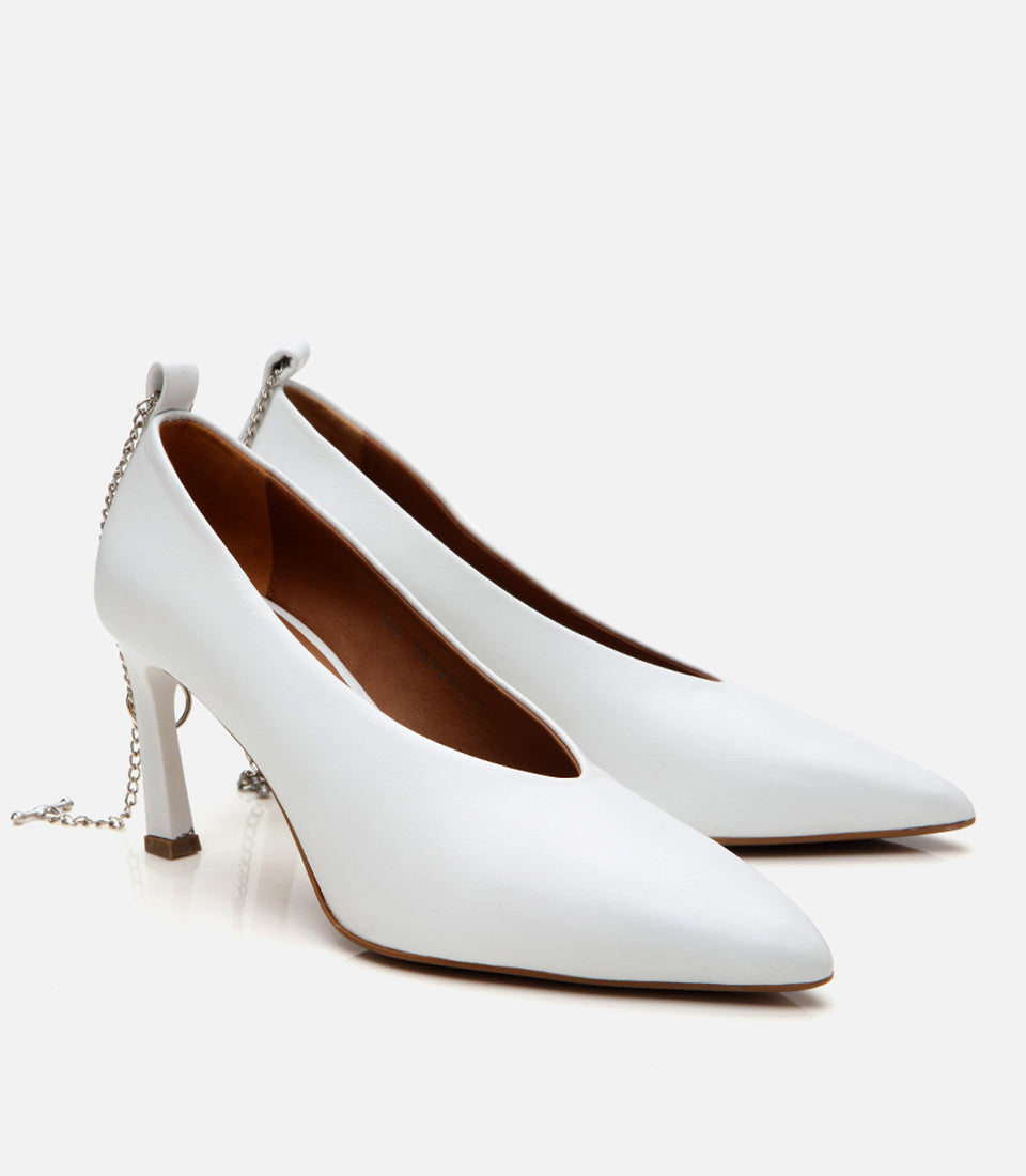 Women’s Leather Chain-Embellished Stiletto Heels - Ecru