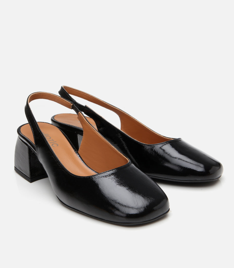 Women's Leather Block Heel Shoes - Black