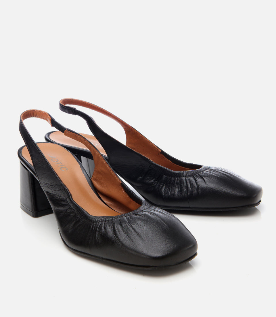 Women's Leather Block Heel Shoes - Black