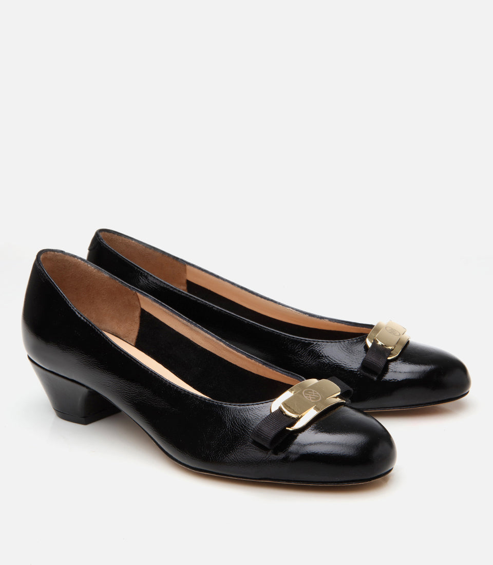 Women’s Rugan Leather Black Block-Heel Shoes - Black