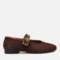 Women's Leather Mary Jane Suede Shoes Buckle Strap Flats - Brown