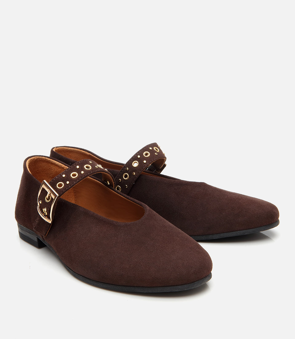 Women’s Leather Mary Jane Buckle Strap Flats - Brown