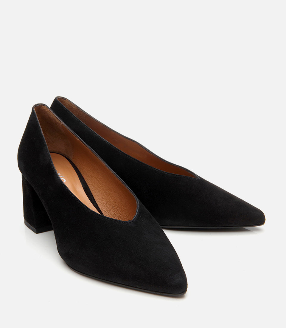 Women’s Suede Leather Block-Heel Shoes - Black