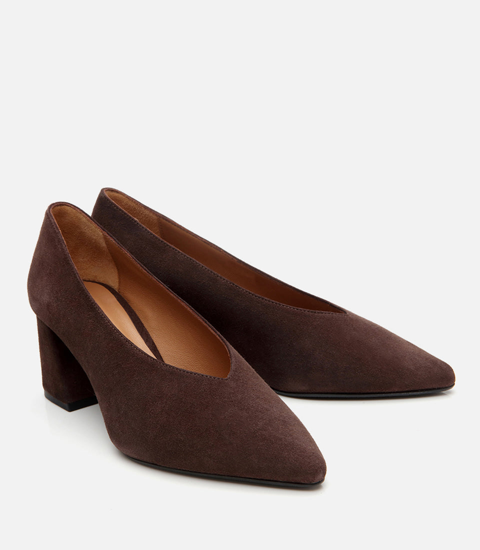 Women’s Suede Leather Block-Heel Shoes - Brown