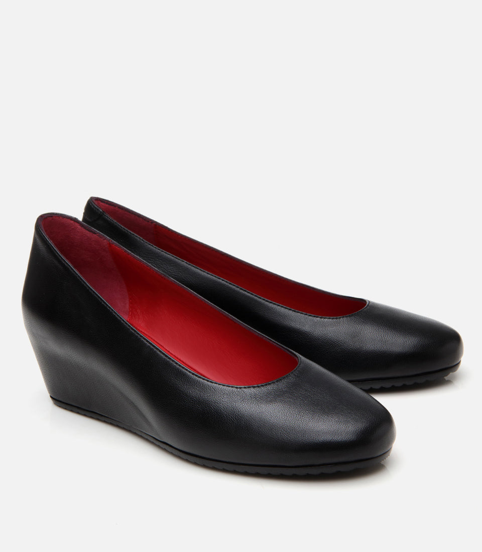 Women’s Leather Black Wedge-Heels Shoes - Black