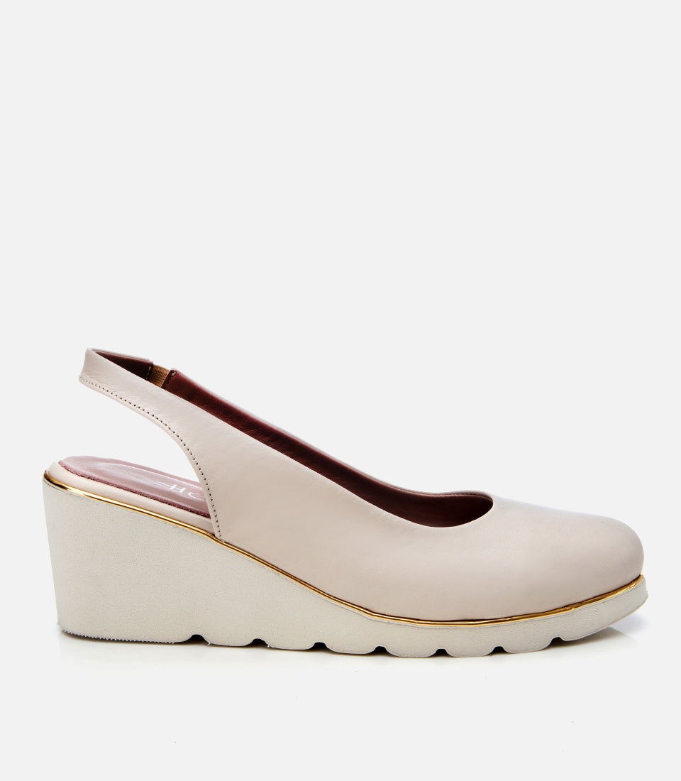 Women's Leather Wedge Shoes - Ecru