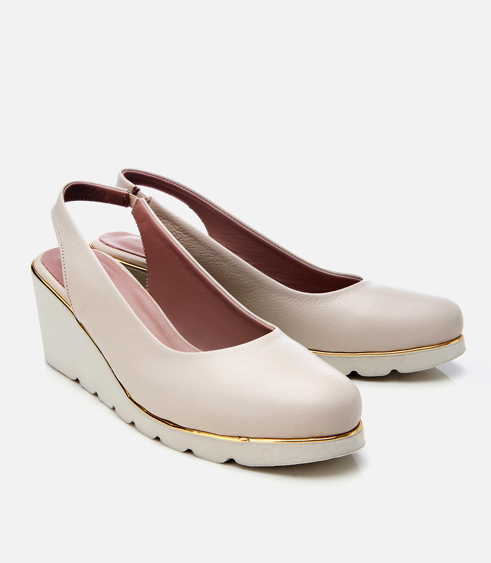 Women's Leather Wedge Shoes - Ecru
