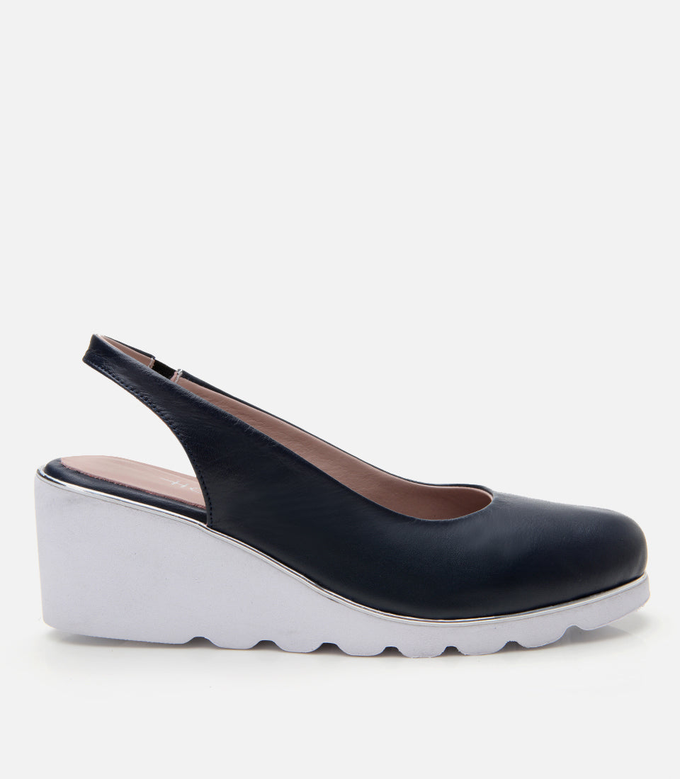 Women's Leather Wedge Shoes - Navy