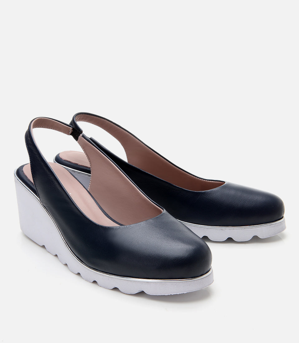 Women's Leather Wedge Shoes - Navy