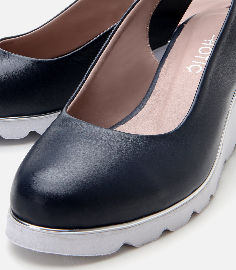 Women's Leather Wedge Shoes - Navy